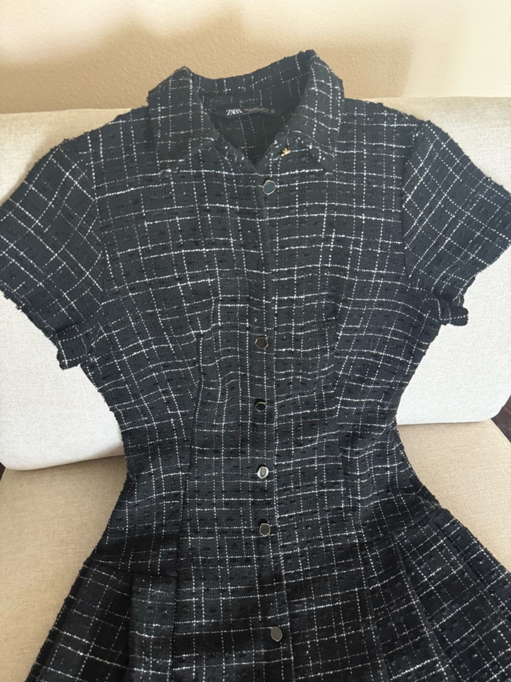 ZARA Black & White Checked Tweed Mini Dress - Picture 3 of 4